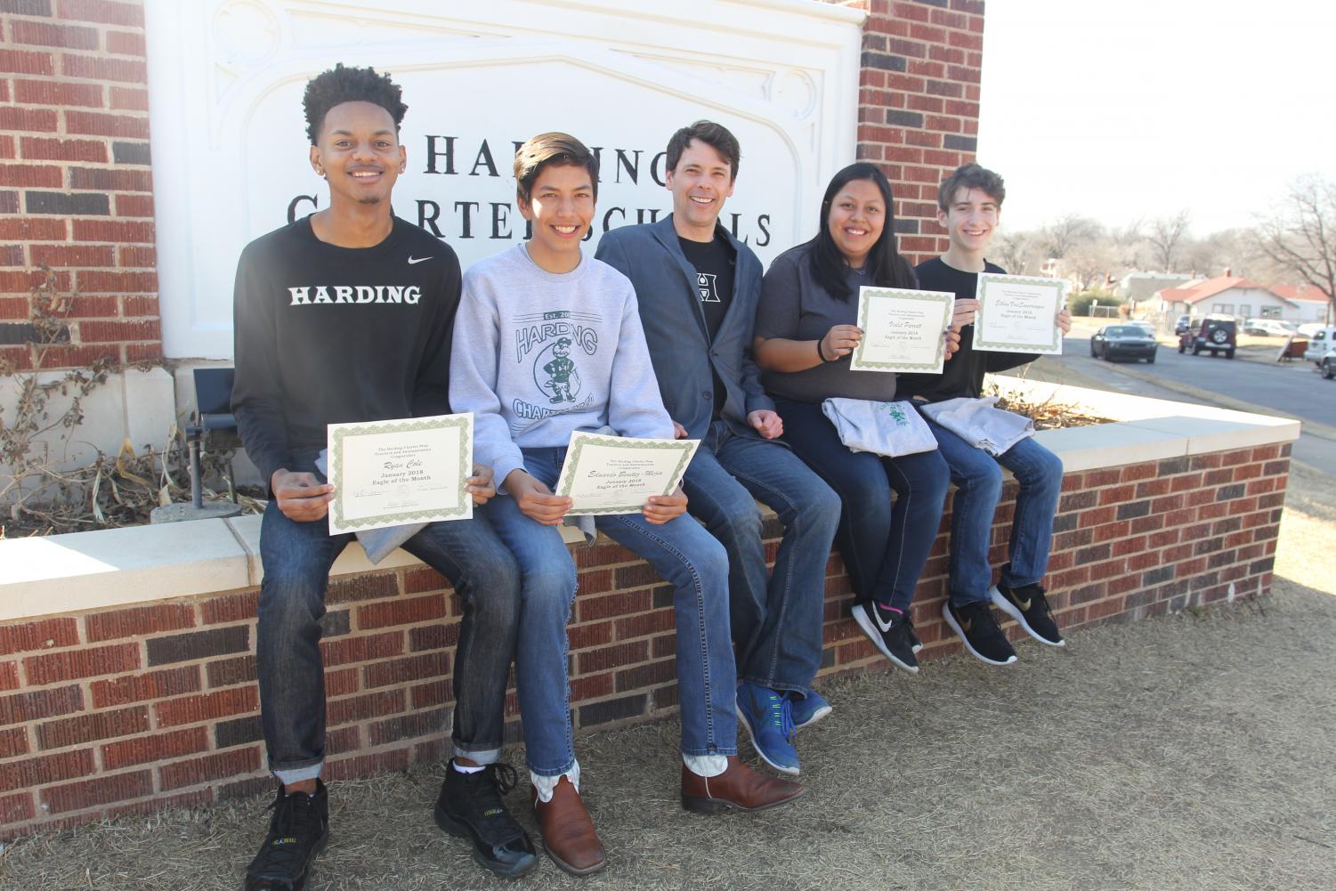 The January Awesome Eagles: Ryan Cole, Eduardo Benitez-Mejia, Dr. Mylo Miller, Violet Parrott and Ethan VanSwearingen.