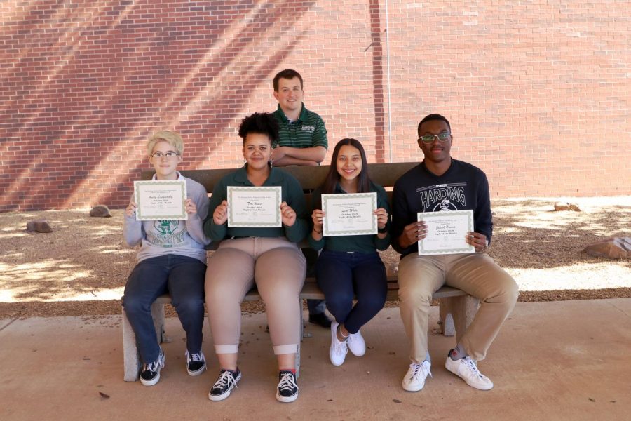 From+left+to+right%3A+freshman+Vinny+Langsworthy%2C+sophomore+Tori+WIles%2C+junior+Leah+White%2C+and+senior+Joseph+Onema+with+Principal+Steven+Stefanik+in+the+back.